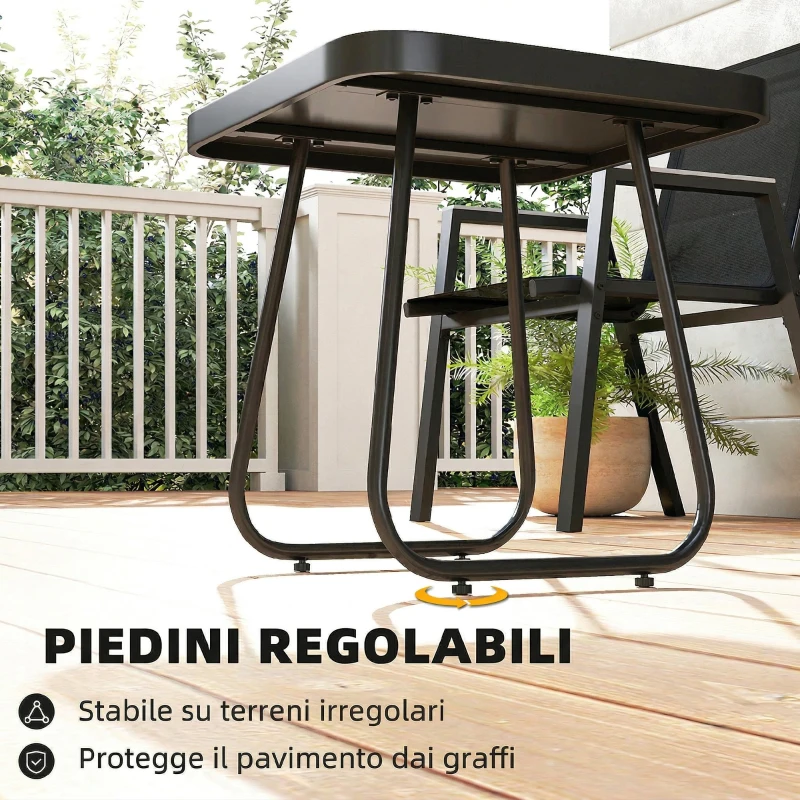 Outsunny Set da Esterno 3pz con 2 Sedie Traspiranti e Tavolino Quadrato, in Metallo, DPC e Texteline Nero