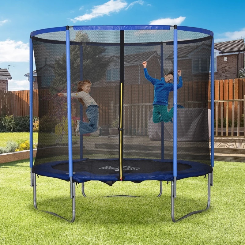 HOMCOM Trampolin mit Sicherheitsnetz Gartentrampolin für Innen- und Außenbereich Fitnesstrampolin für Jugendliche und Erwachsene Stahl Blau+Schwarz bis 113,6 kg Ø244 x 240H cm