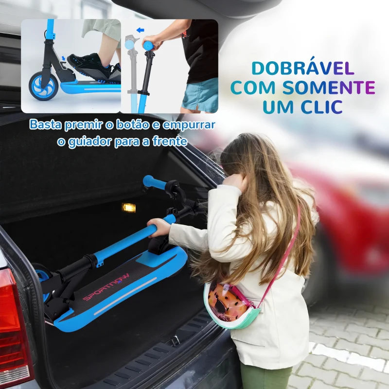 SPORTNOW Trotinete Elétrica Dobrável para Crianças 120 W Autonomia 6 km e Máximo 10 km/h com Travão Luzes LED 74x52x83-87 cm Azul