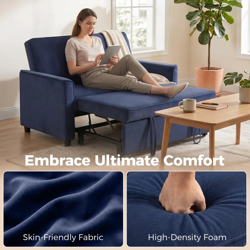 HOMCOM 2 Seater Sofa Bed, 3-in-1 Convertible Pull Out Sleeper Sofa with Click-Clack Adjustable Backrest, Dark Blue