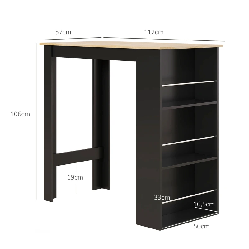 HOMCOM Mesa Alta de Bar Mesa de Cocina con 3 Estantes Marco de Madera Estilo Moderno 112x57x106 cm Negro y Natural