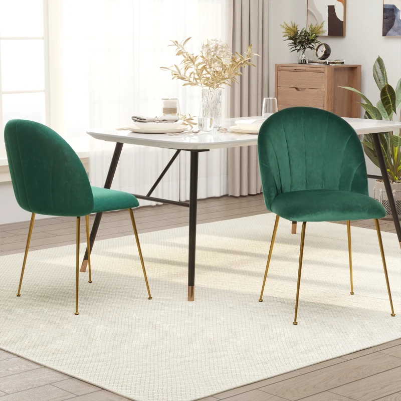 HOMCOM set van 2 keukenstoelen eetkamerstoelen met rugleuning polyester stof metalen poten groen + goud 52 x 52 x 81 cm