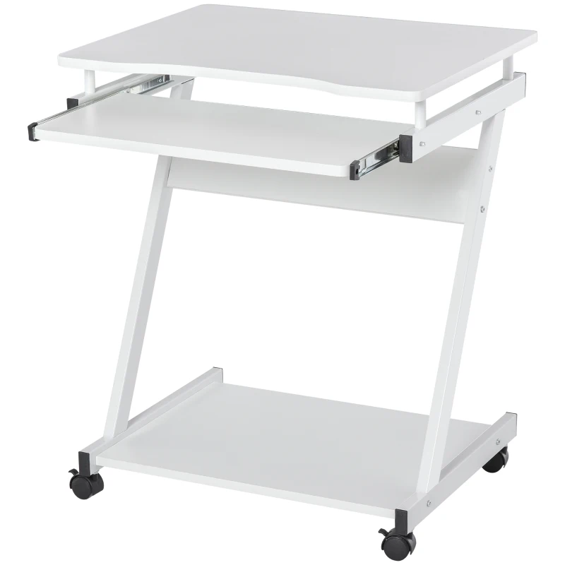 HOMCOM Mesa de Computador com Rodas 60x48 cm com Gaveta Deslizante para Teclado e Prateleira Inferior Estrutura Metálica Branca