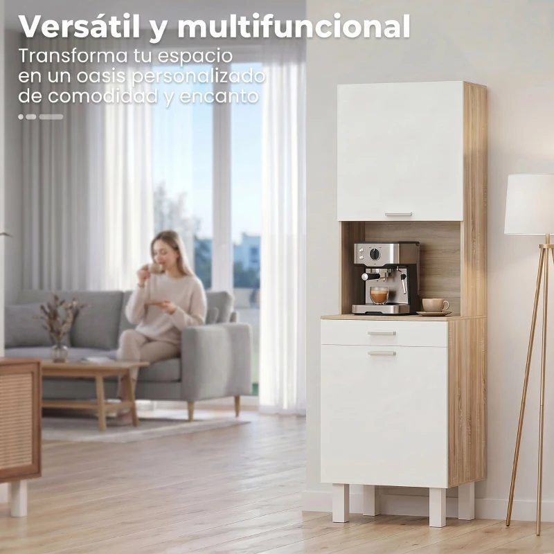 HOMCOM Aparador alto de cocina, armario de cocina con 2 puertas, cajón y encimera, 55x40x174 cm, blanco y madera natural