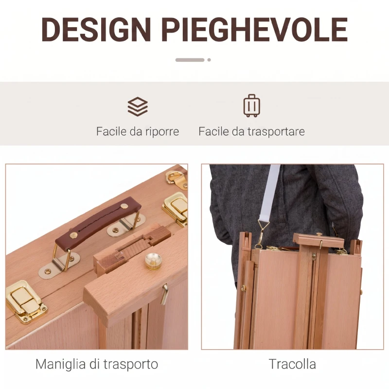 HOMCOM Cavalletto Treppiede con Cassetto, Tavolozza e Tracolla ad Altezza Regolabile, in Legno di Faggio, Color Legno