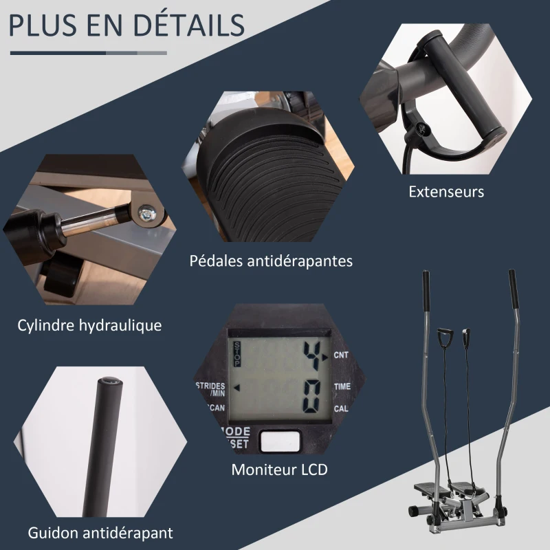 HOMCOM Stepper avec guidons extenseurs appareil fitness avec écran LCD multifonction acier ABS 54 x 40 x 135 cm noir et argent