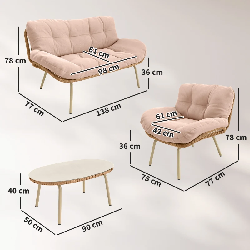 Outsunny Gartenmöbel Set 4-teilig Polyrattan Lounge-Set mit Zweisitzer 2 Sessel Tisch Tiefem Sitz Dicke Kissen