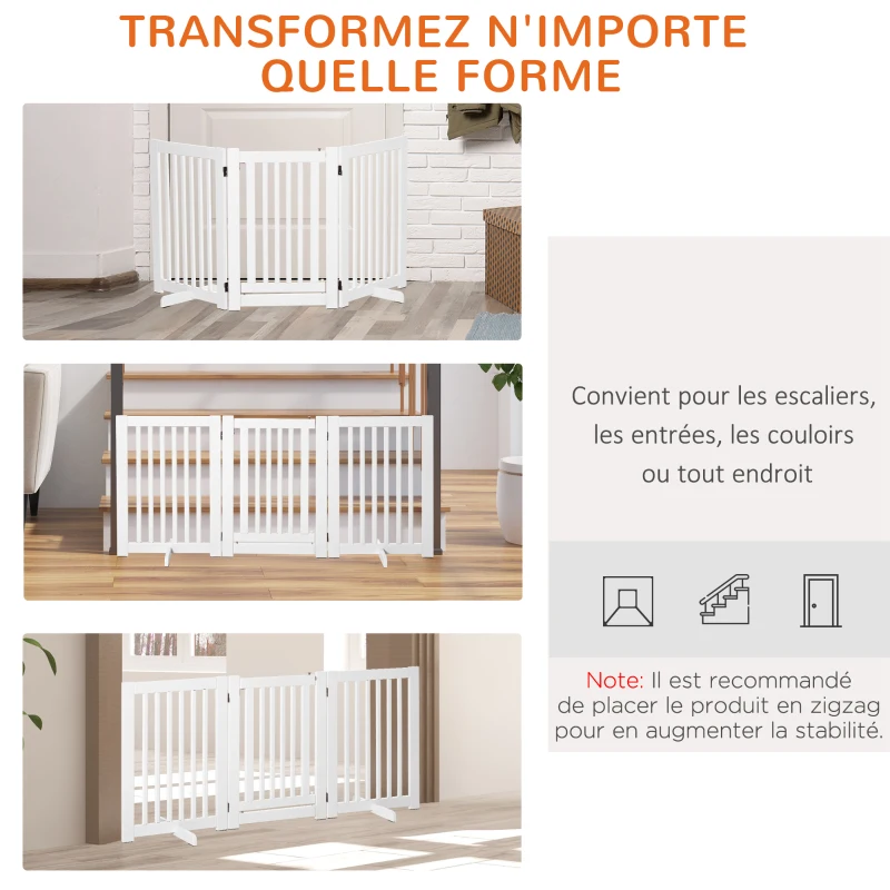 PawHut Barrière de sécurité chien barrière modulable pliable avec porte verrouillable intégrée 155 x 35,5 x 76 cm MDF blanc