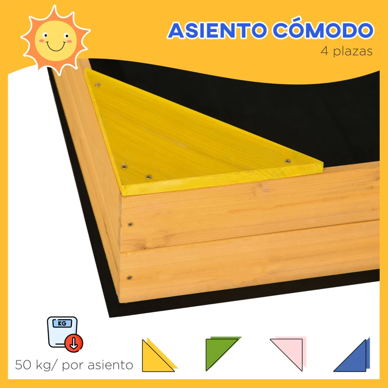 Outsunny Arenero Infantil de Madera para Niños de 3-8 Años con Tela no Tejida y 4 Asientos para Jardín 109x109x19,8 cm Natural