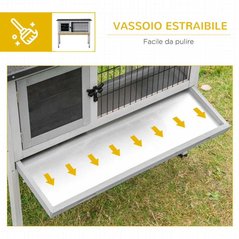 PawHut Conigliera Rialzata in Legno da Esterni con Tettuccio Apribile e Vassoio per Roditori 86x45x70cm