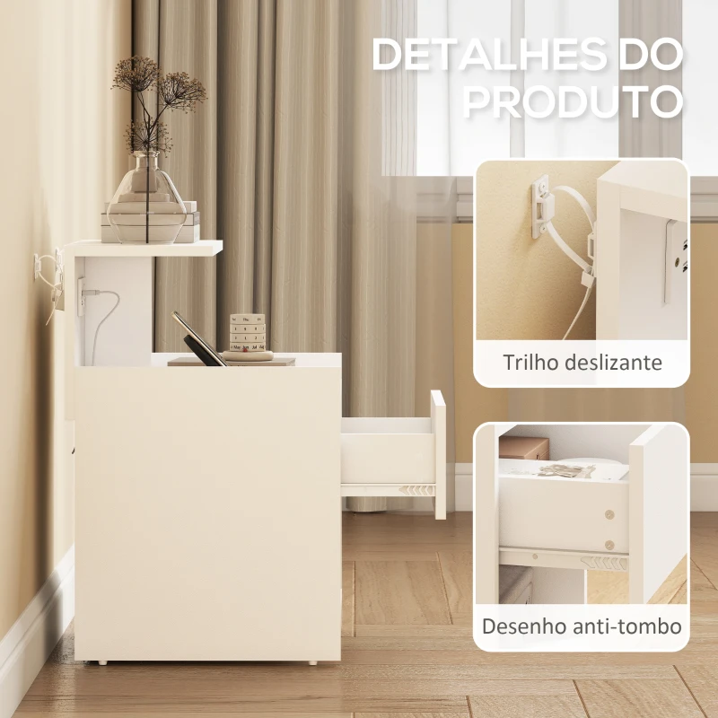 HOMCOM Mesa de Cabeceira com Estação de Carregamento Portos USB Gaveta e Prateleiras Abertas 40x40x60 cm Branco