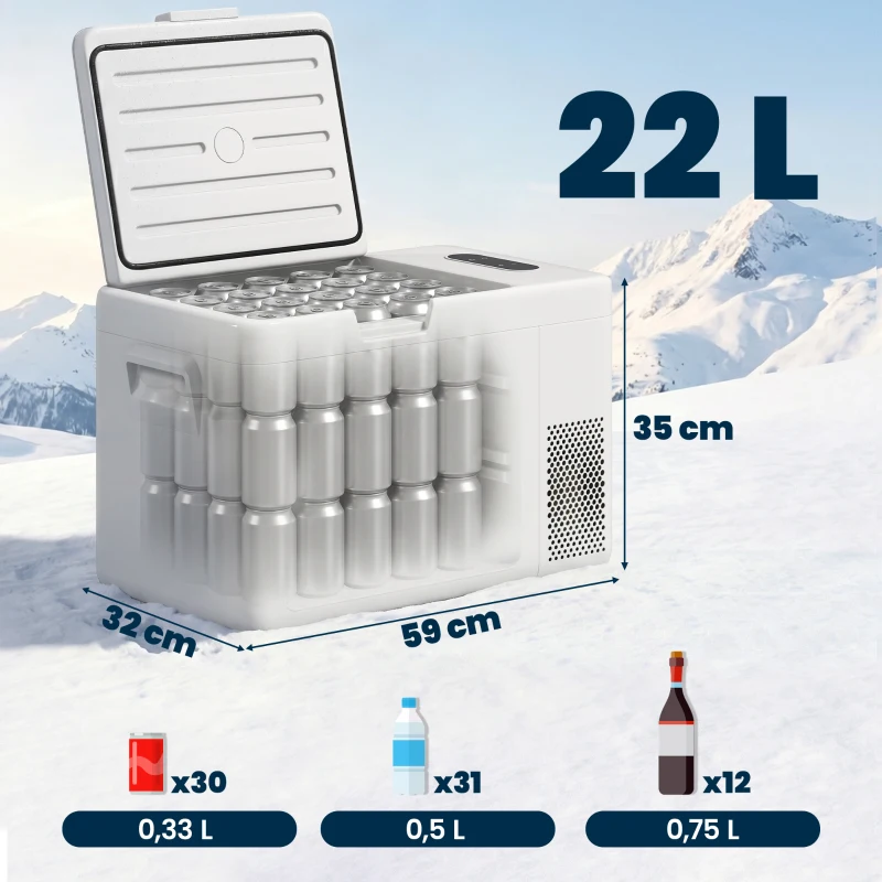 Outsunny 22 Liter Campingkoelkast, Autokoelkast, Koelbox met LED-Licht, AC- en DC-Adapter, Stille Werking, Crèmewit
