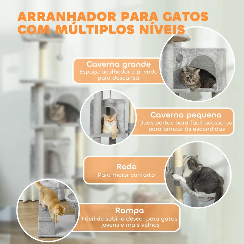PawHut Arranhador para Gatos com Múltiplas Plataformas Cama 2 Cavernas Rede Escada Postes de Sisal 48x48x160 cm Cinzento Claro