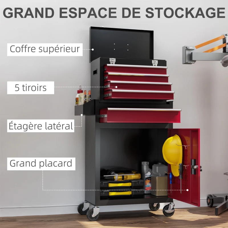 HOMCOM Armoire à outils verrouillable sur roulettes avec 5 tiroirs et armoire, sur roulettes pour l'atelier et la maison, rouge
