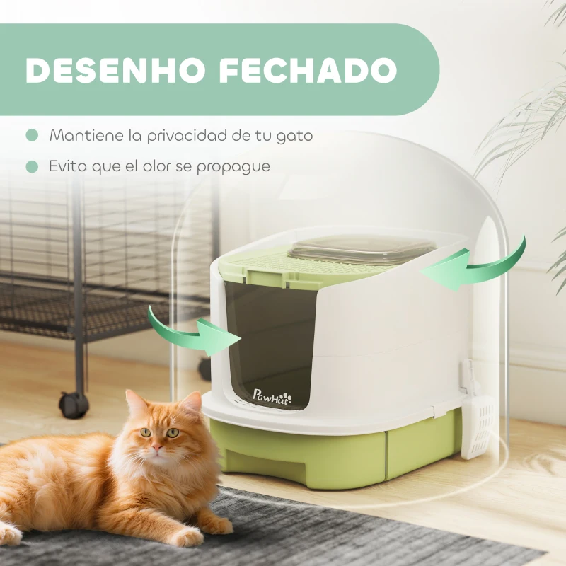 PawHut Caixa de Areia para Gatos Fechada com Entrada Frontal Saída Superior Tampa Amovível Bandeja e Pá 40,5x52,5x42,5 cm Verde