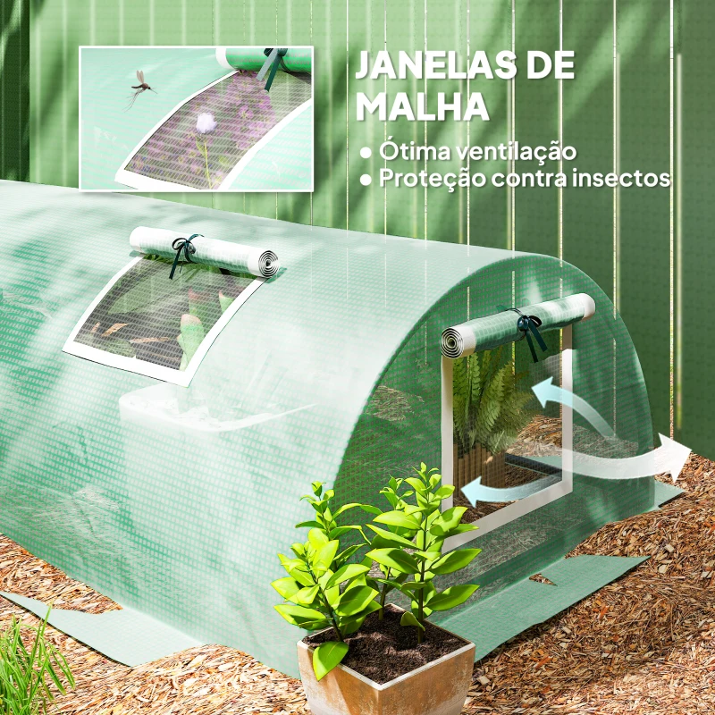 Outsunny Estufa Pequena para Cultivo de Plantas com 5 Janelas Estrutura em Aço e Cobertura de PE Anti-UV 300x80x45 cm Verde