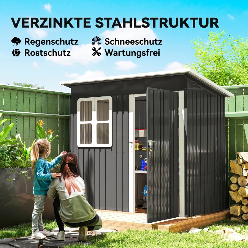 Outsunny Gartenschuppen, Gartenhaus mit Fenster, verschließbare Tür, für Garten, Terrasse, Stahl, 221L x 133B x 190H cm, Grau(m-5)