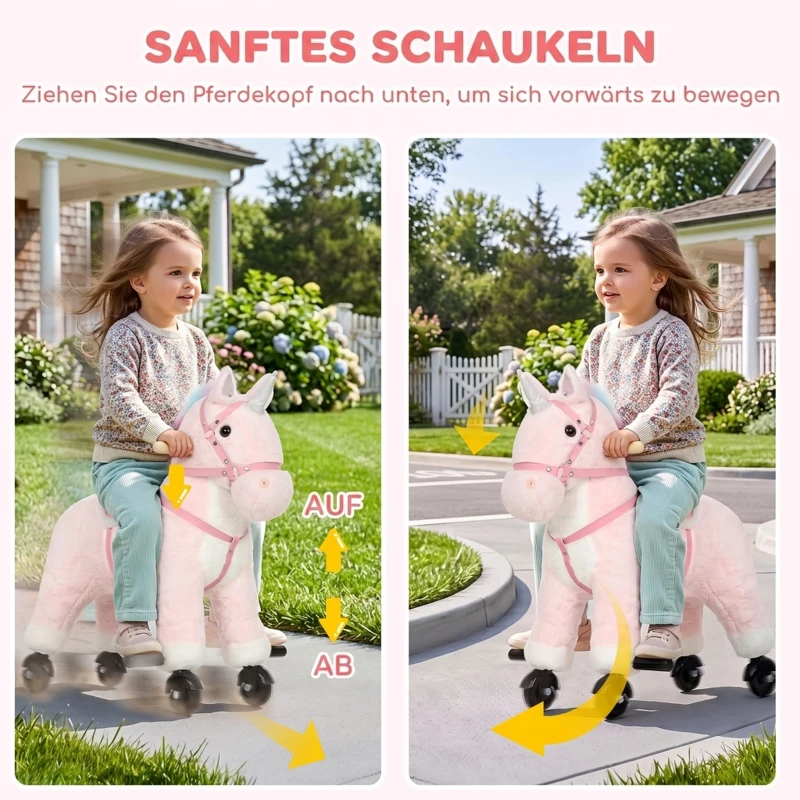 AIYAPLAY Reitpferd auf Rollen Spielpferd zum Reiten mit Einhorn-Design Rollen Sound Griffe Fußstütze bis 40 kg für Kinder 1–3