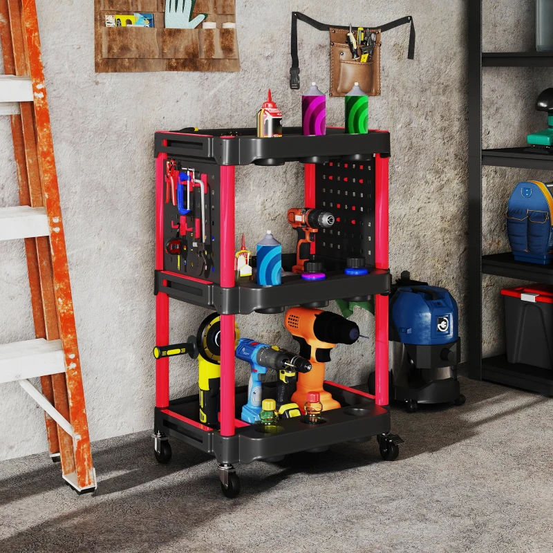 HOMCOM Gereedschapswagen, Drie Niveaus, 4 Wielen, Kunststof, 10 Haken, Zwart+Rood