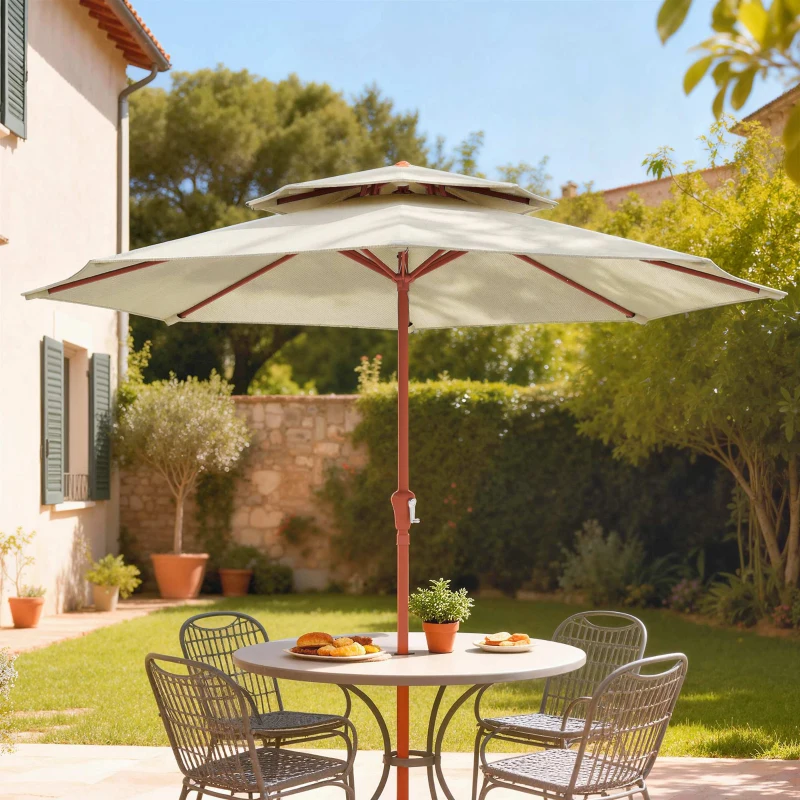 Outsunny 2.7 m Garden Parasol with Double Top Outdoor Market Table Umbrella with Crank System, Cream White