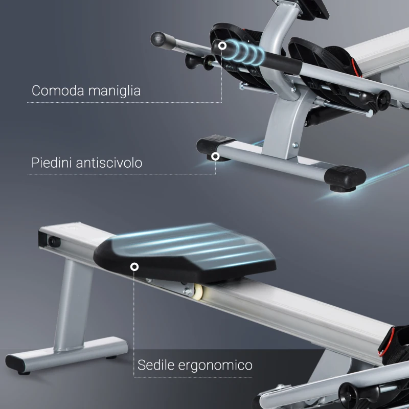 HOMCOM Vogatore a 12 Resistenze con Monitor Digitale e Struttura in Alluminio, Acciaio e ABS, 160x61x50 cm