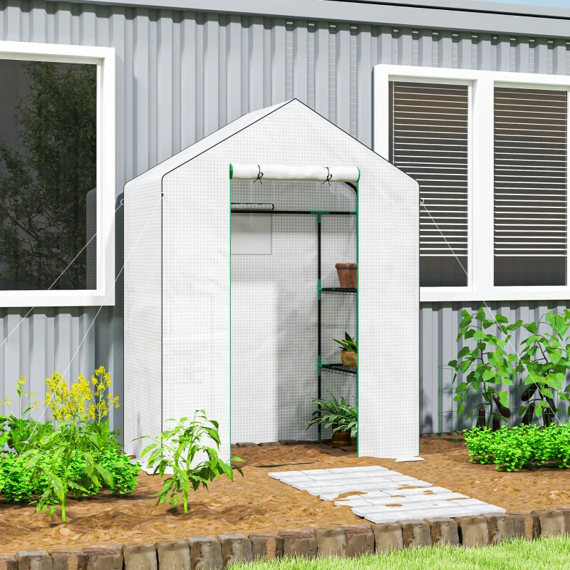 Outsunny Estufa de Jardim com 1 Porta 2 Janelas e Prateleiras de 2 Níveis em Forma de U para Cultivo de Plantas 140x73x190 cm Branco