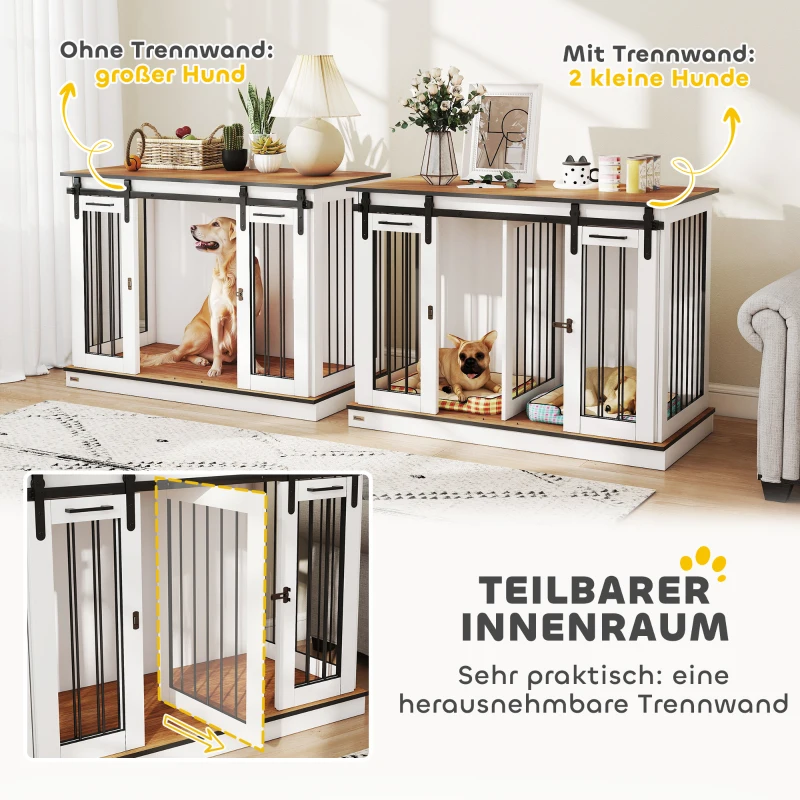 PawHut Hondenbench met 2 Deuren, Hondenbox, Transportbox voor Honden, Rustiek Ontwerp, Vergrendelbaar, Wit(m-5)