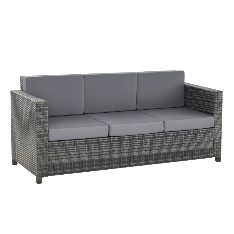 Outsunny Poly-rotan bank met kussens 3-zits loungebank tuin metaal polyester grijs