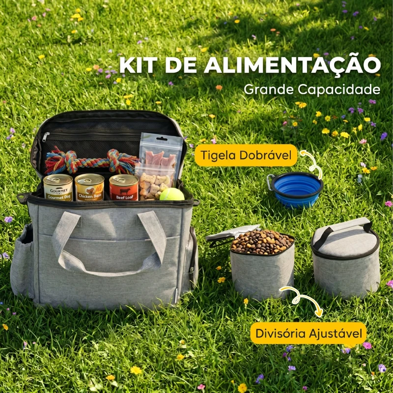 PawHut Bolsa de Viagem para Cães Bolsa de Recompensas com 2 Recipientes de Ração e Tigela Dobrável Bolsos Cinzento Claro