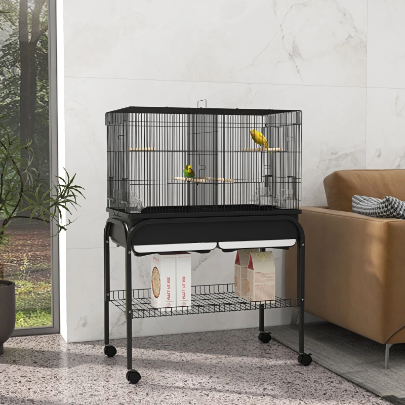 PawHut Gabbia per Uccelli da Interno con Vassoio, Ripiano e Ruote con Freno, 85x49x119 cm, Nero