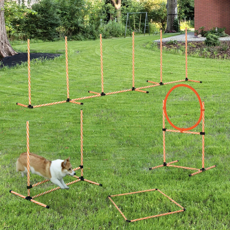 PawHut Set Agility Dog per Addestramento Cani con Slalom, Ostacoli Regolabili, Fischietto e Sacca di Trasporto