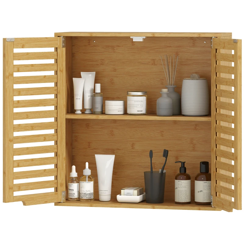 HOMCOM Armário de Parede de Bambu Móvel de Casa de Banho Suspenso com Prateleira Ajustável Portas de Ripas 60x20x60 cm Madeira