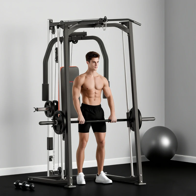 SPORTNOW 3-in-1 Smith Machine with Dual Cable Pulley System, Chest Press Station, 17-Level Squat Rack and Barbell Bar