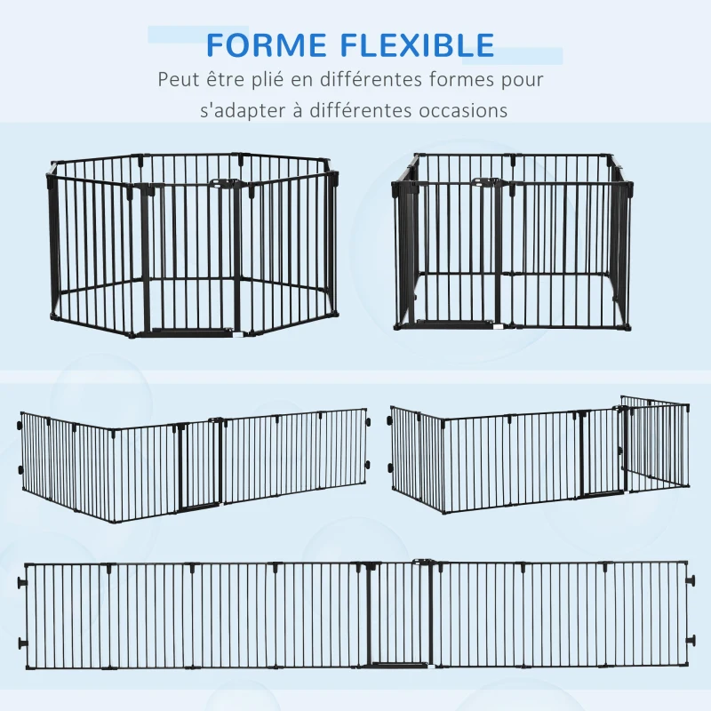 PawHut Barrière de Sécurité pour Cheminée, Parc Enclos Chien Pliable Modulable 8 Panneaux avec Porte, sans Perçage