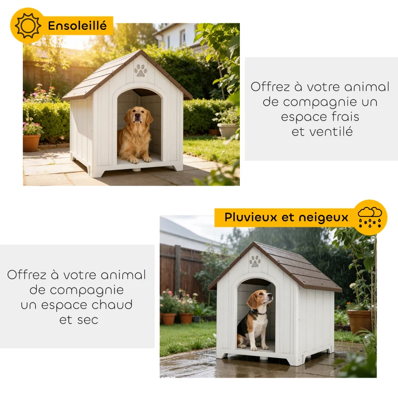 PawHut Niche pour chien extérieur, maison chien en polypropylène imperméable ventilé plancher surélevé 88x79x89cm gris clair