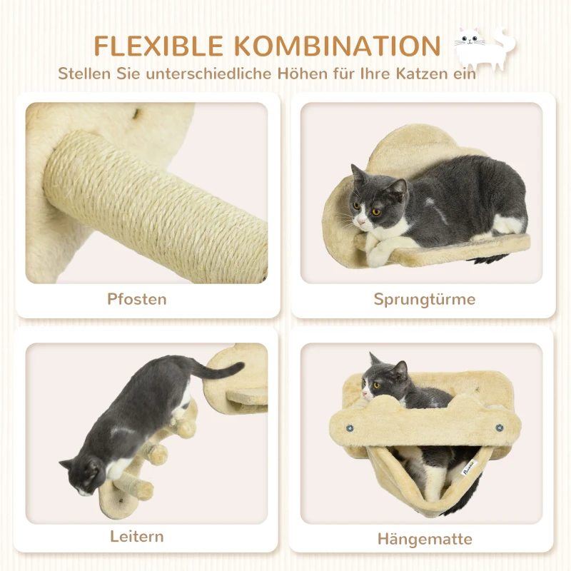PawHut Katzentreppe, 4-teiliges Set, 3-stufige Sprossenleiter, 2 Plattformen, Hängematte, Plüschbezug, beige