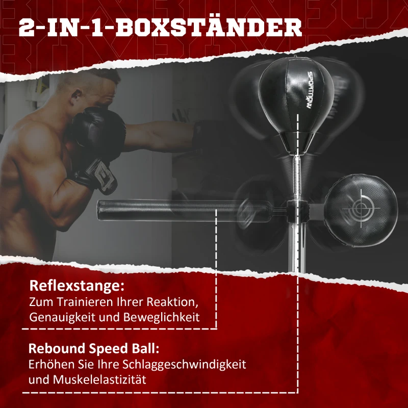 SPORTNOW Verstelbare Punchingball, 360° Draaibaar, Incl. Bokszwachtels, Zwart, 80,5 x 48 x 163-205 cm(m-4)