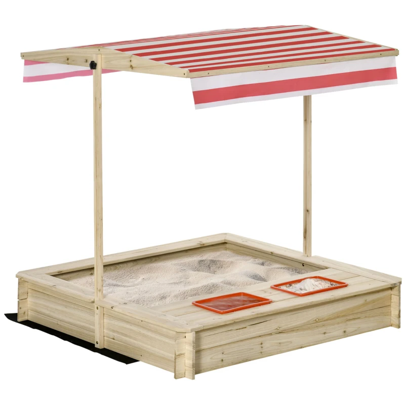Outsunny Caixa de Areia Infantil de Madeira com Teto Inclinável Ajustável em Altura e 2 Bandejas Auxiliares Caixa de Areia de Jardim para Crianças acima de 3 Anos 118x118x118cm Natural e Vermelho