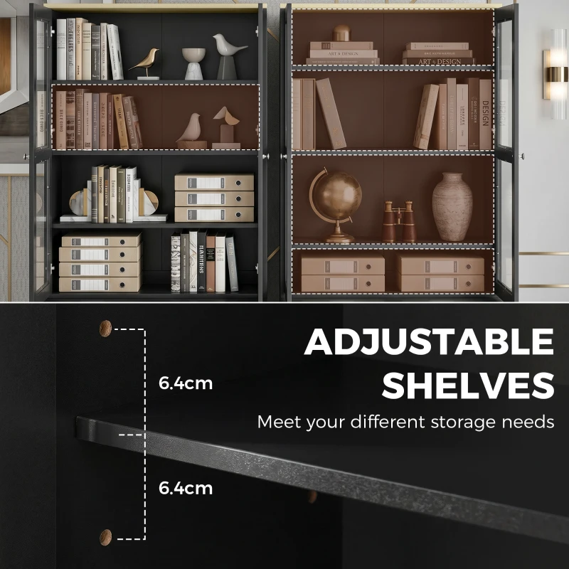 HOMCOM Modern Bookcase Display Storage Unit with Glass Doors Adjustable Shelves, Black