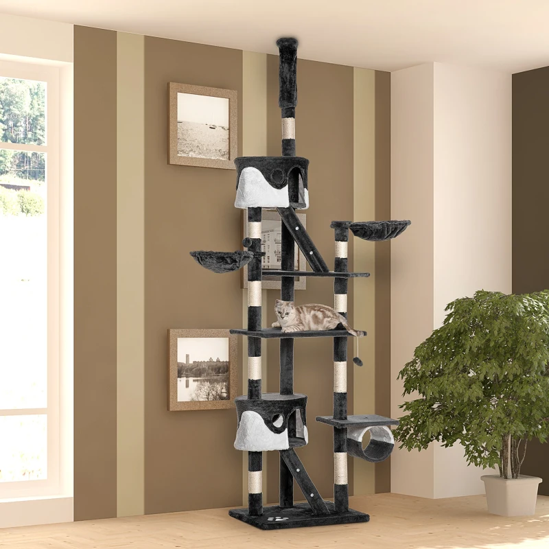 PawHut Tiragraffi per Gatti a Soffitto con Altezza Regolabile 240-260 cm, Albero Tiragraffi per Gatti Multilivello con Cucce, Amache e Scale, Corde in Sisal, Grigio Scuro e Bianco