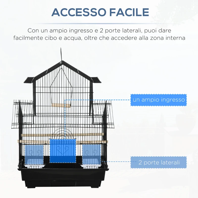 PawHut Gabbia per Uccelli con Maniglia di Trasporto e Vassoio Estraibile, in Metallo e Plastica, 50.5x41x63 cm, Nero