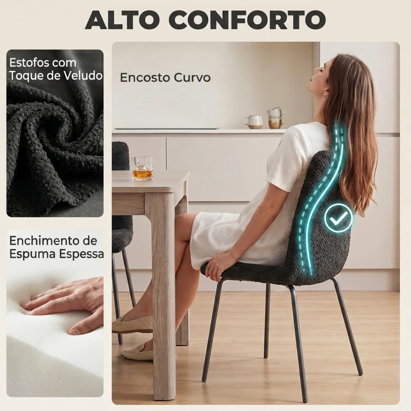 HOMCOM Pack de 2 Cadeiras de Jantar em Veludo com Assento e Encosto Acolchoados e Pernas Metálicas, Cinzento-Escuro