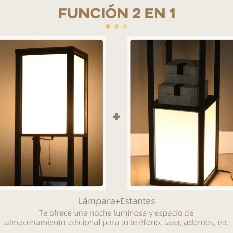 HOMCOM Lámpara de Pie de Madera con Estante para Bombilla E27 Potencia Máx. 40W Lámpara Moderna 26x26x156 cm Negro y Blanco