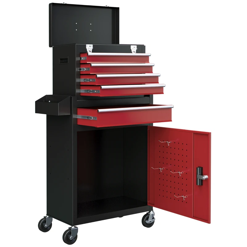 HOMCOM Two-Part Tool Storage Chest on Wheels - Black/Red
