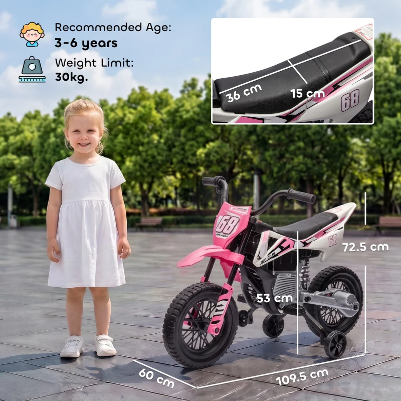 AIYAPLAY Kids Electric Motorcycle, 12V Ride On Motorbike with Training Wheels, Soft Start, Suspension, Music for 3–6 Years, Pink