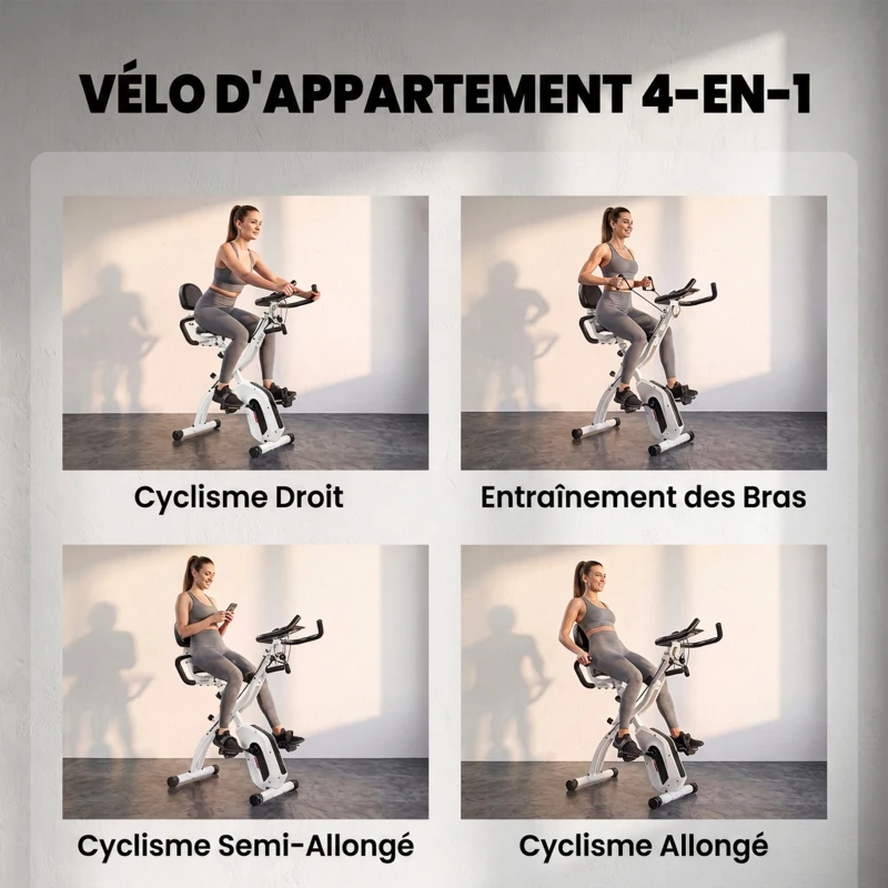 SPORTNOW Vélo d'Appartement Pliable Vélo de Fitness 3 en 1 Silencieux Connecté Kinomap Bluetooth et Zwift 105x53,5x109cm Blanc