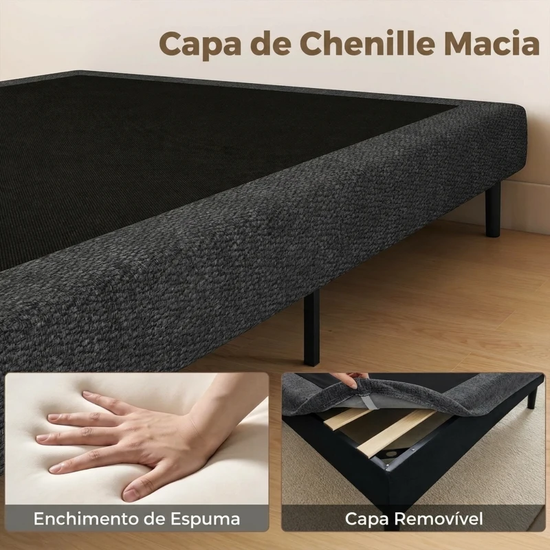 HOMCOM Cama Estofada 144x195 cm com Revestimento em Chenille, Estrado de Ripas em Madeira, Pés em Aço, Montagem Fácil, 400 kg, Cinzento