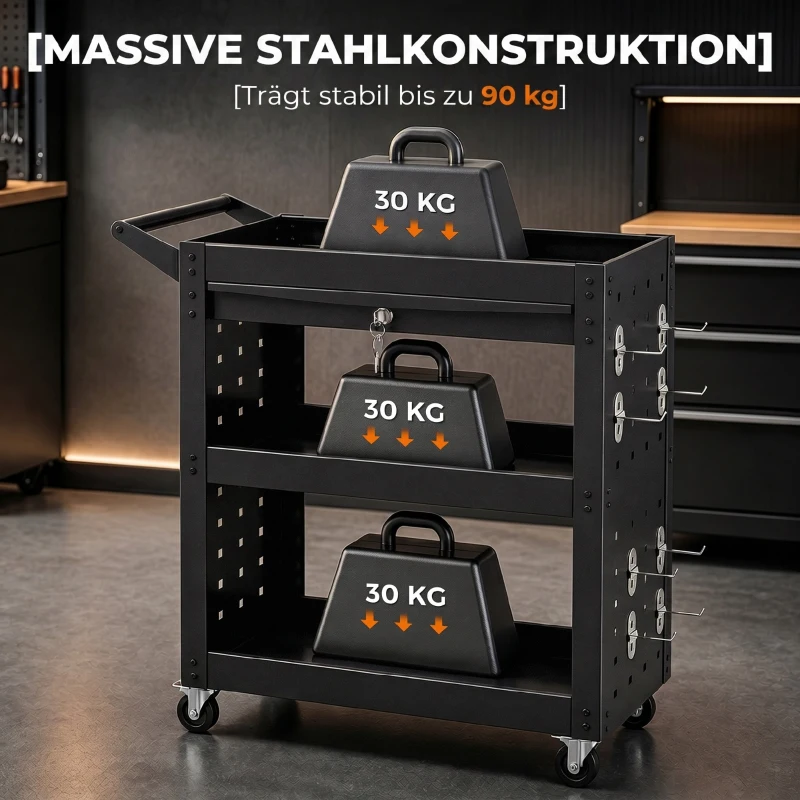 HOMCOM Gereedschapswagen met afsluitbare wielen, rollende werkplaatswagen met 3 niveaus, lade en perforatieplaten, Zwart
