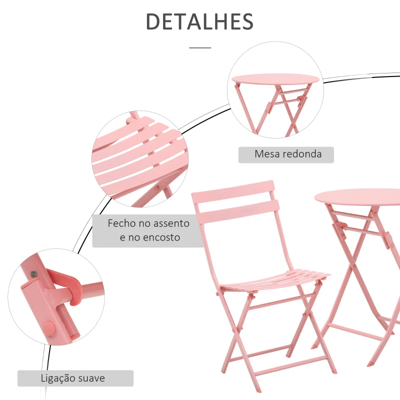 Outsunny Conjunto de Móveis de Jardim Dobráveis Conjunto de 1 Mesa Redonda e 2 Cadeiras de Varanda com Estrutura de Aço Rosa