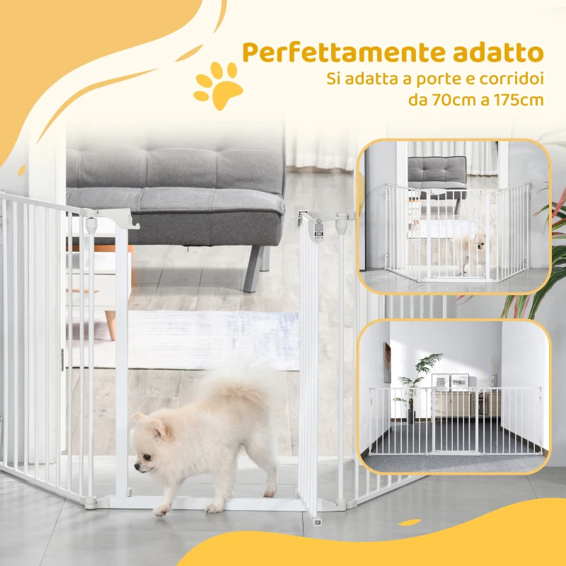 PawHut Cancelletto per Cani con Chiusura Automatica e Sistema di Blocco, in Metallo e Plastica, 180x74.5 cm, Bianco